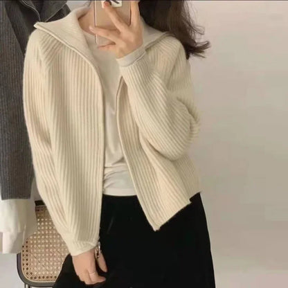 Isla - Women's Wool Style Cardigan with Zip Front and High Collar