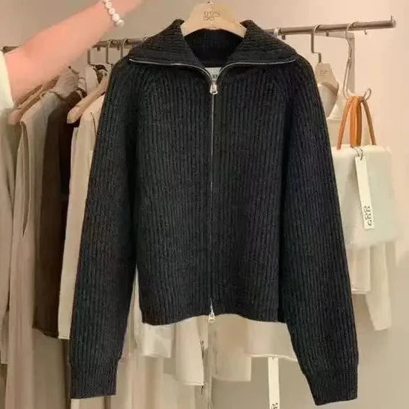 Isla - Women's Wool Style Cardigan with Zip Front and High Collar
