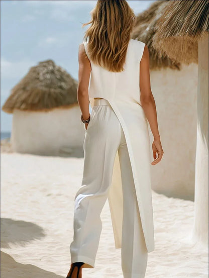 Ivy - Modern Women's Linen Set with Asymmetric Top and Wide Leg Trousers