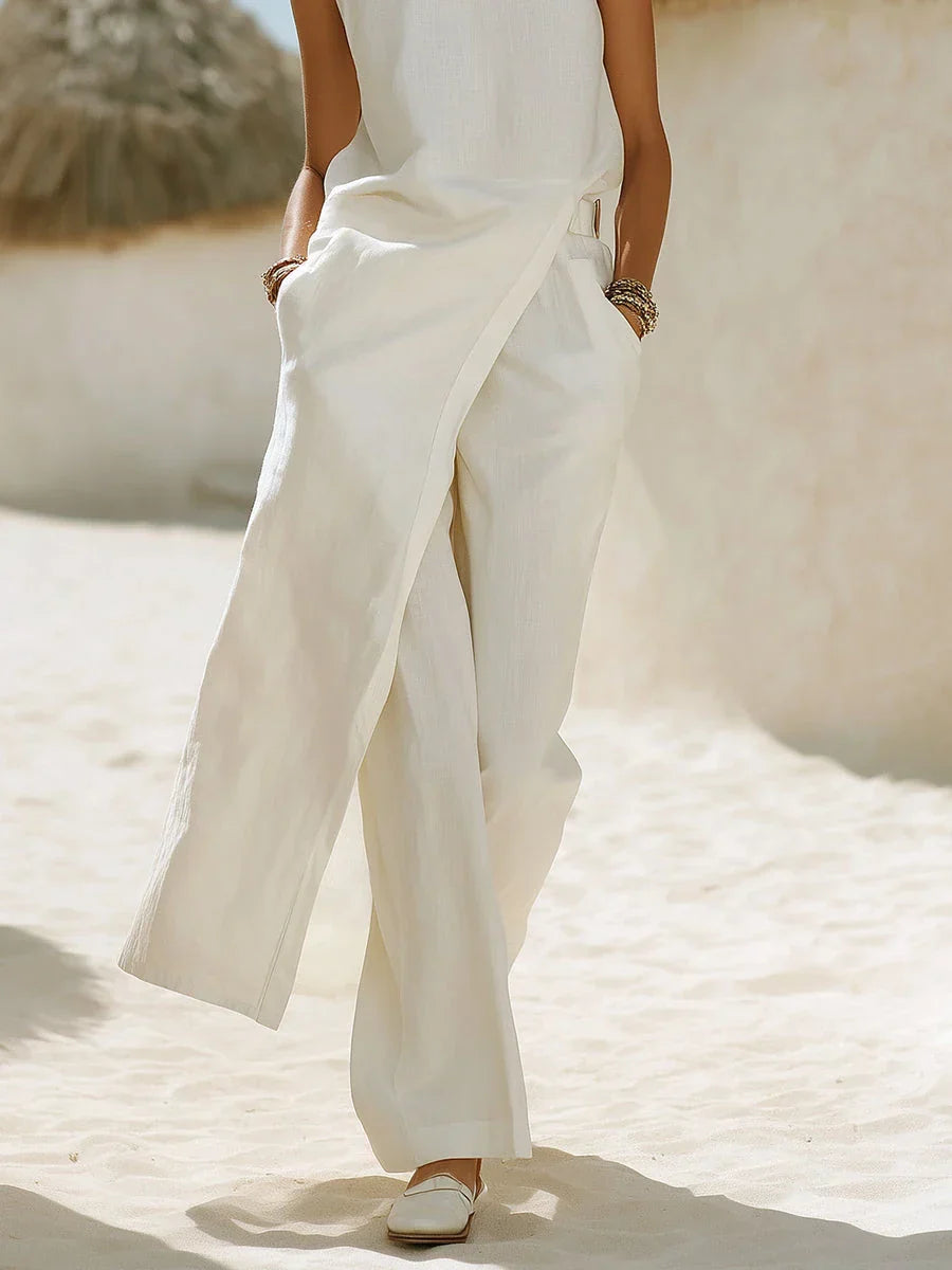 Ivy - Modern Women's Linen Set with Asymmetric Top and Wide Leg Trousers