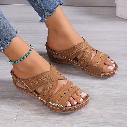 Jasmine - Vintage Women's Orthopedic Wedge Mule Sandals with Embroidered Cut-Out Upper and Contrast Stitching