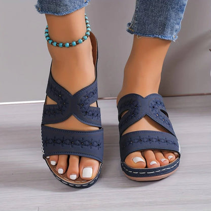 Jasmine - Vintage Women's Orthopedic Wedge Mule Sandals with Embroidered Cut-Out Upper and Contrast Stitching