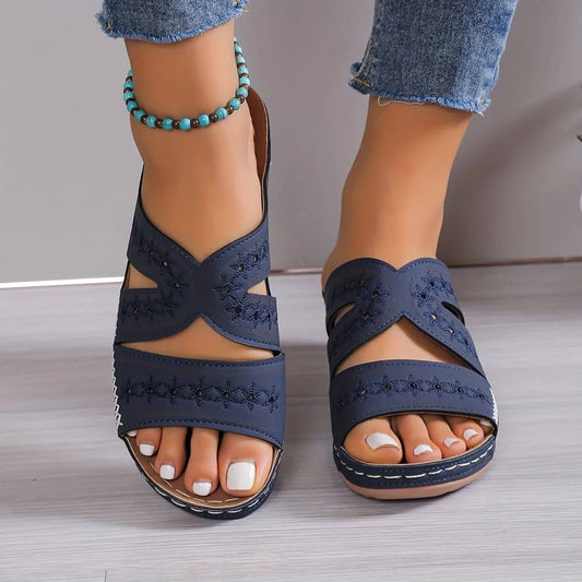 Jasmine - Vintage Women's Orthopedic Wedge Mule Sandals with Embroidered Cut-Out Upper and Contrast Stitching