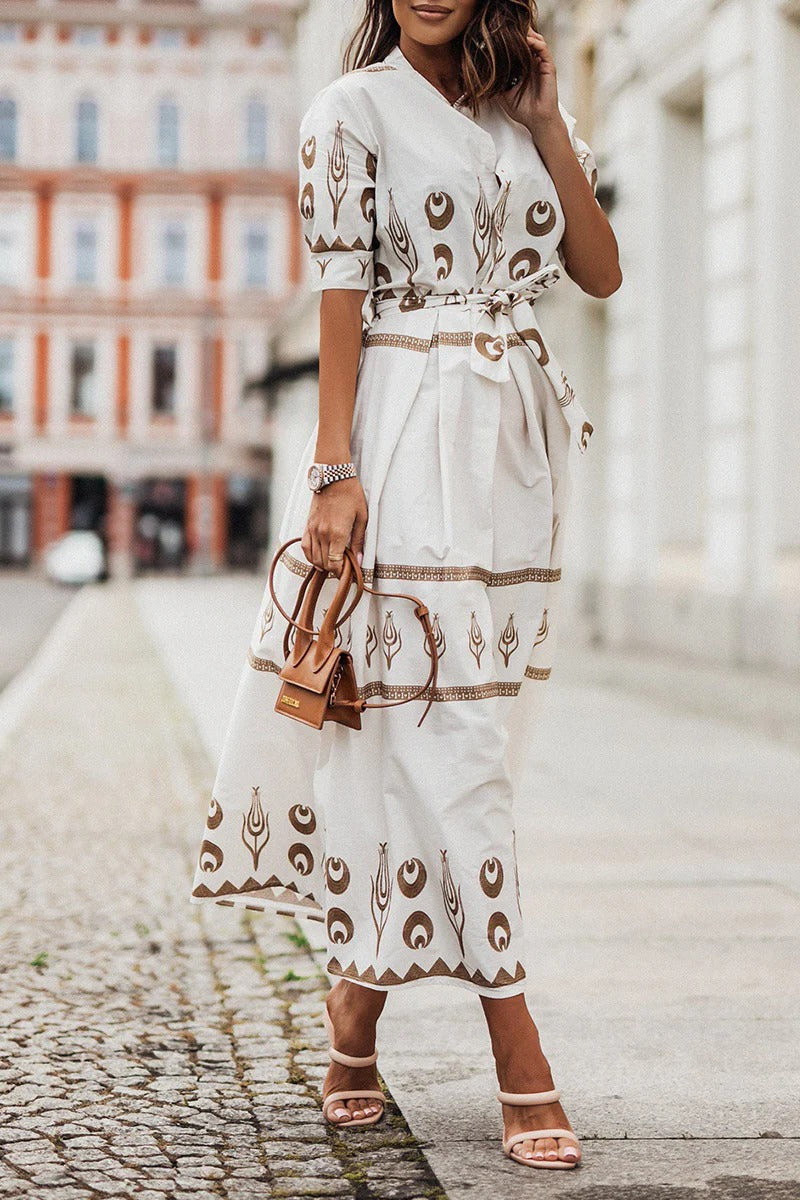 Leonie - Vintage Women's Maxi Dress with Shirt Collar and Embroidered Detail
