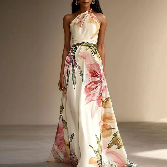 Lily - Elegant Women's Wedding Guest Maxi Dress with Halter Neck and Floral Print