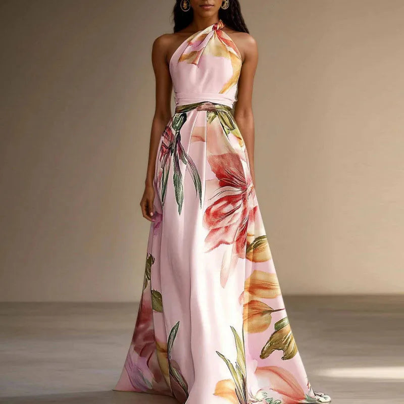 Lily - Elegant Women's Wedding Guest Maxi Dress with Halter Neck and Floral Print