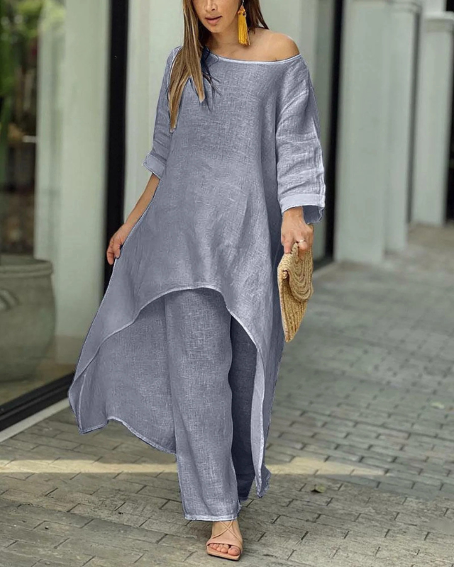 Lily - Flowy Women's Linen Set with Asymmetric Hi-Low Top and Straight-Leg Trousers