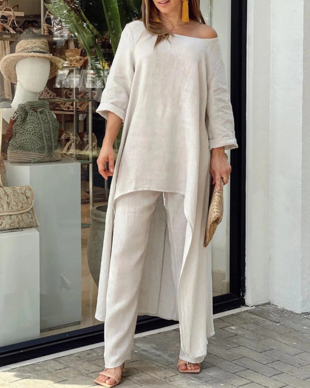 Lily - Flowy Women's Linen Set with Asymmetric Hi-Low Top and Straight-Leg Trousers