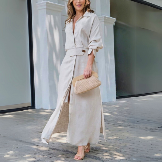 Lydia - Casual Women's Wedding Guest Maxi Dress with Shirt Collar and Belted Waist