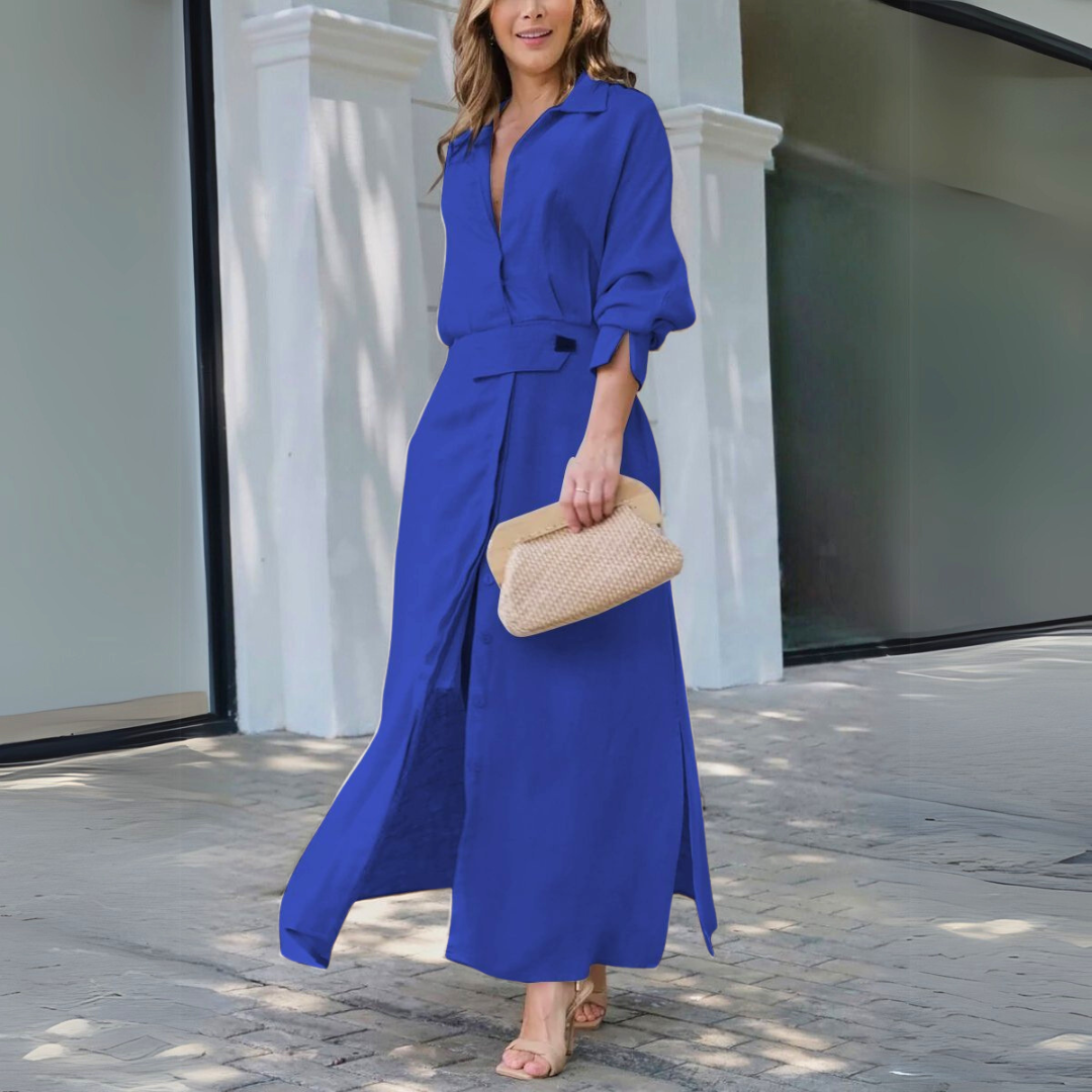 Lydia - Casual Women's Wedding Guest Maxi Dress with Shirt Collar and Belted Waist