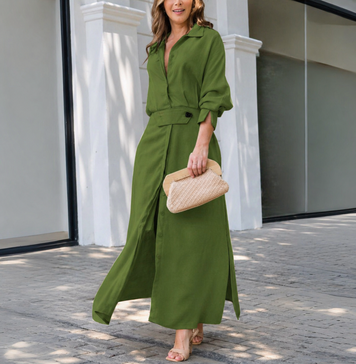 Lydia - Casual Women's Wedding Guest Maxi Dress with Shirt Collar and Belted Waist
