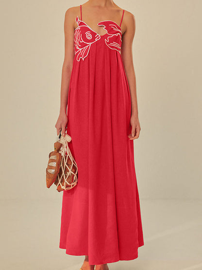 Mara - Casual Women's Maxi Dress with Spaghetti Straps and Embroidered Bodice