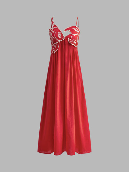 Mara - Casual Women's Maxi Dress with Spaghetti Straps and Embroidered Bodice