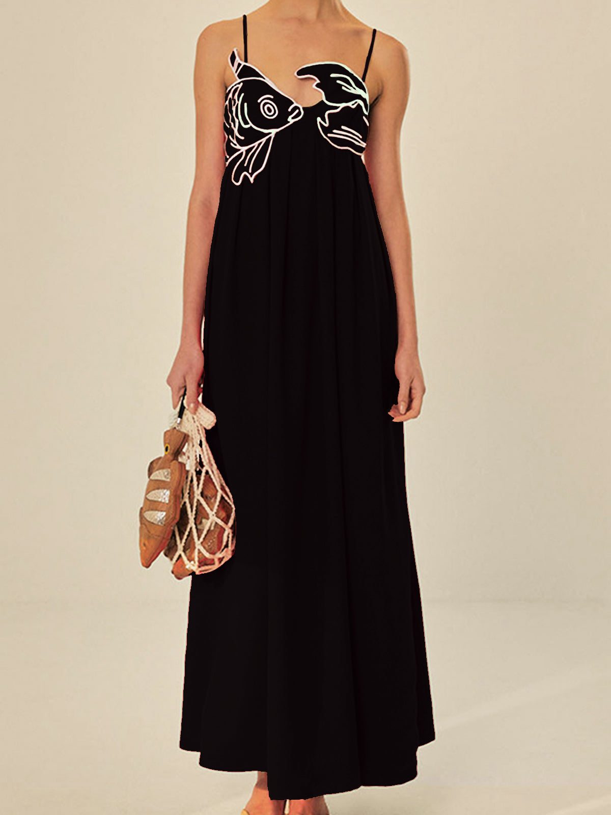 Mara - Casual Women's Maxi Dress with Spaghetti Straps and Embroidered Bodice