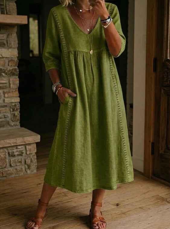 Margot - Vintage Women's Linen Midi Dress with Lace Trim and Flutter Sleeves