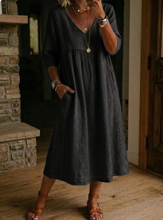 Margot - Vintage Women's Linen Midi Dress with Lace Trim and Flutter Sleeves