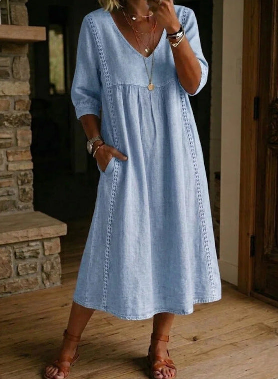 Margot - Vintage Women's Linen Midi Dress with Lace Trim and Flutter Sleeves