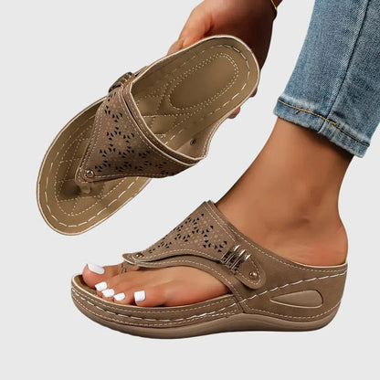 Mia - Casual Women's Orthopedic Wedge Flip Flop Sandals with Cut-Out Upper and Metal Detail