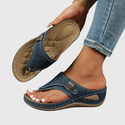 Mia - Casual Women's Orthopedic Wedge Flip Flop Sandals with Cut-Out Upper and Metal Detail