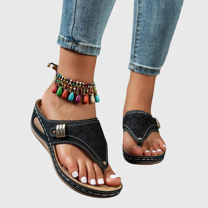 Mia - Casual Women's Orthopedic Wedge Flip Flop Sandals with Cut-Out Upper and Metal Detail