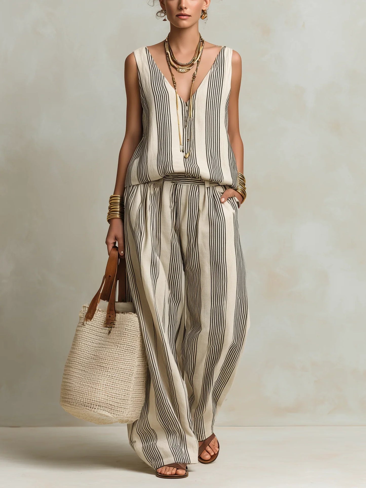 Mia - Boho Women's Linen Set with Striped Top and Wide Leg Trousers