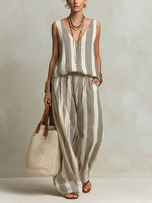 Mia - Boho Women's Linen Set with Striped Top and Wide Leg Trousers