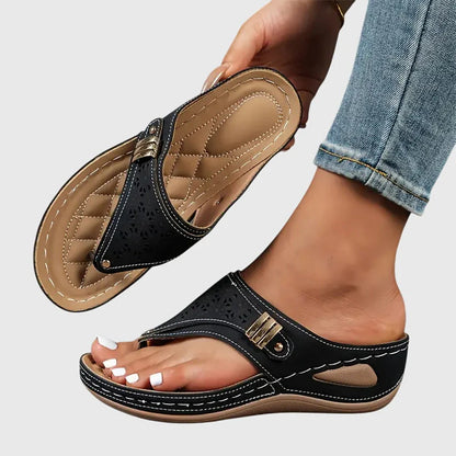 Mia - Casual Women's Orthopedic Wedge Flip Flop Sandals with Cut-Out Upper and Metal Detail