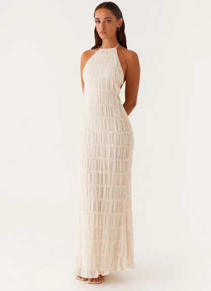 Millie - Elegant Women's Wedding Guest Maxi Dress with Halter Neck and Textured Detail