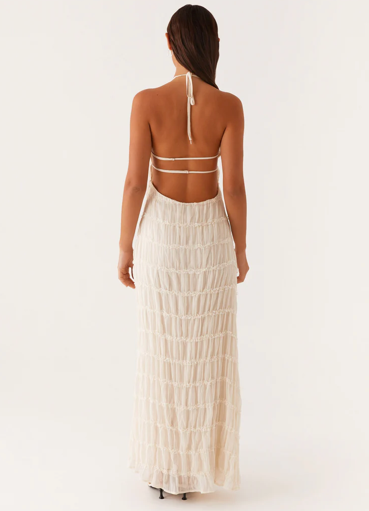 Millie - Elegant Women's Wedding Guest Maxi Dress with Halter Neck and Textured Detail