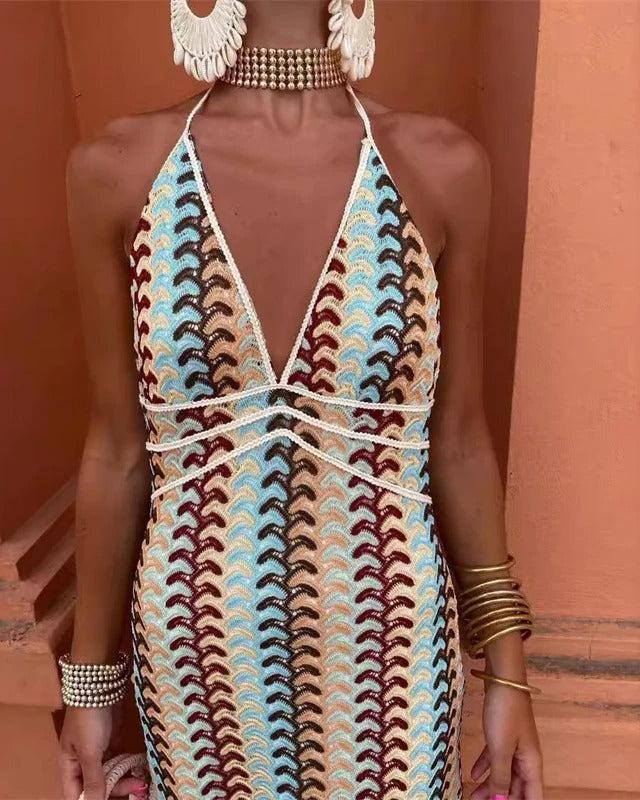 Naomi - Boho Women's Wedding Guest Maxi Dress with Halter Neck and Geometric Print