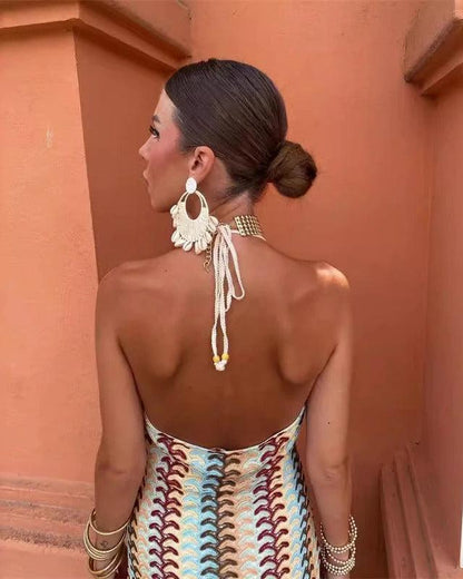 Naomi - Boho Women's Wedding Guest Maxi Dress with Halter Neck and Geometric Print