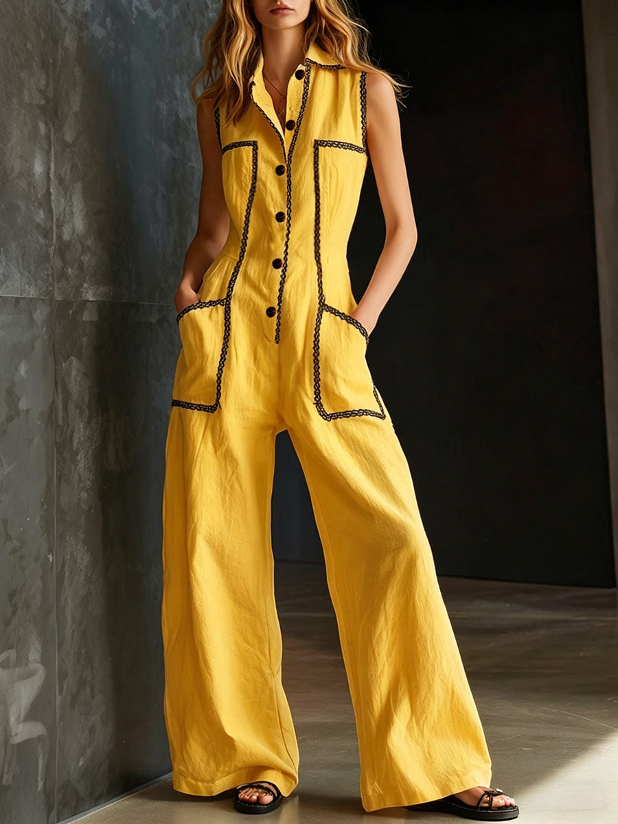 Nina - Trendy Women's Linen Set with Button Front and Crochet Trim Pockets