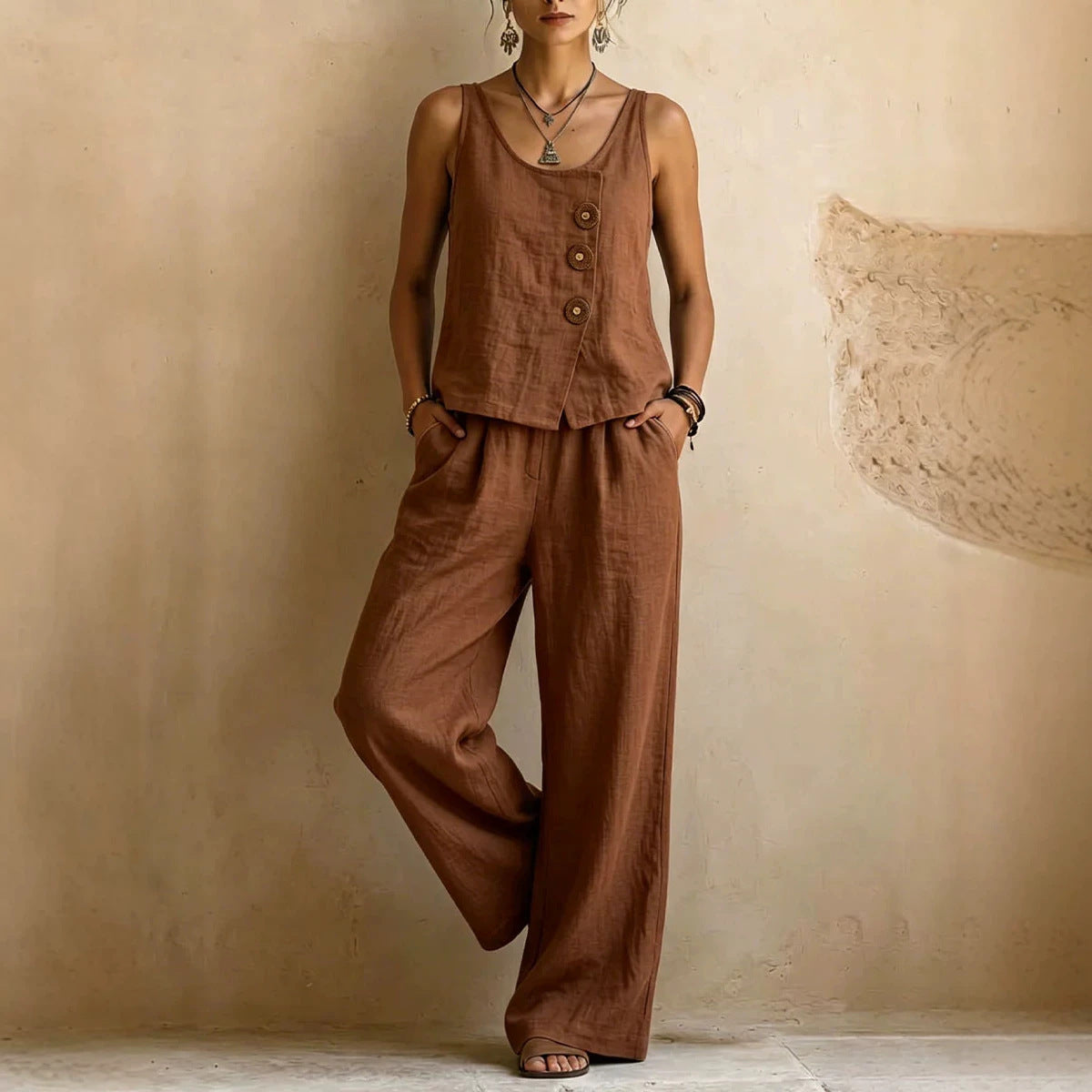 Octavia - Boho Women's Linen Two Piece Set with Asymmetric Button Tank and Wide Leg Trousers