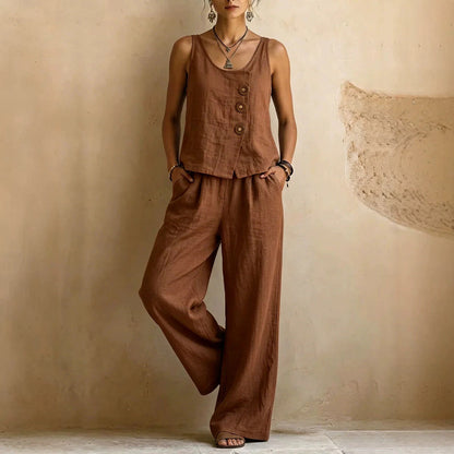 Octavia - Boho Women's Linen Two Piece Set with Asymmetric Button Tank and Wide Leg Trousers