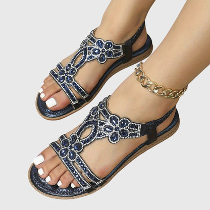 Olivia - Glam Women's Orthopedic Flat Sandals with Rhinestone Embellishment and Elastic Back Strap