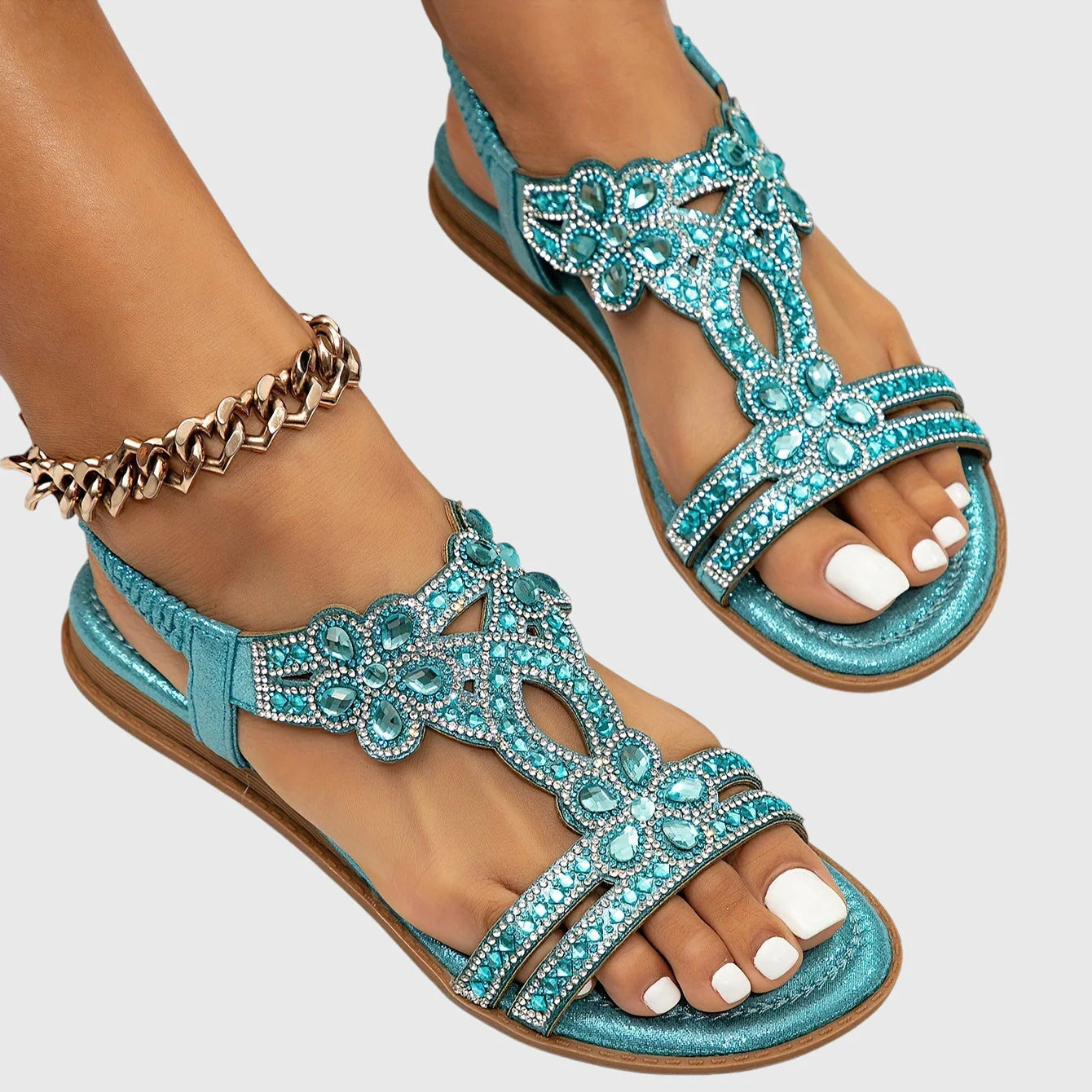 Olivia - Glam Women's Orthopedic Flat Sandals with Rhinestone Embellishment and Elastic Back Strap