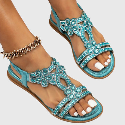 Olivia - Glam Women's Orthopedic Flat Sandals with Rhinestone Embellishment and Elastic Back Strap
