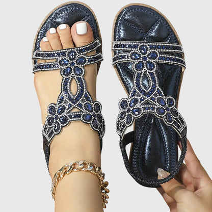 Olivia - Glam Women's Orthopedic Flat Sandals with Rhinestone Embellishment and Elastic Back Strap