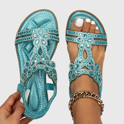 Olivia - Glam Women's Orthopedic Flat Sandals with Rhinestone Embellishment and Elastic Back Strap