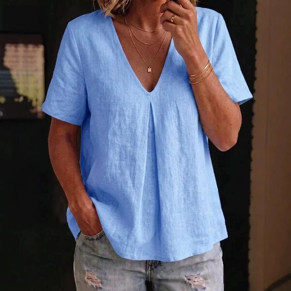Olivia - Casual Women's Linen Top with V Neck and Pleat Detail