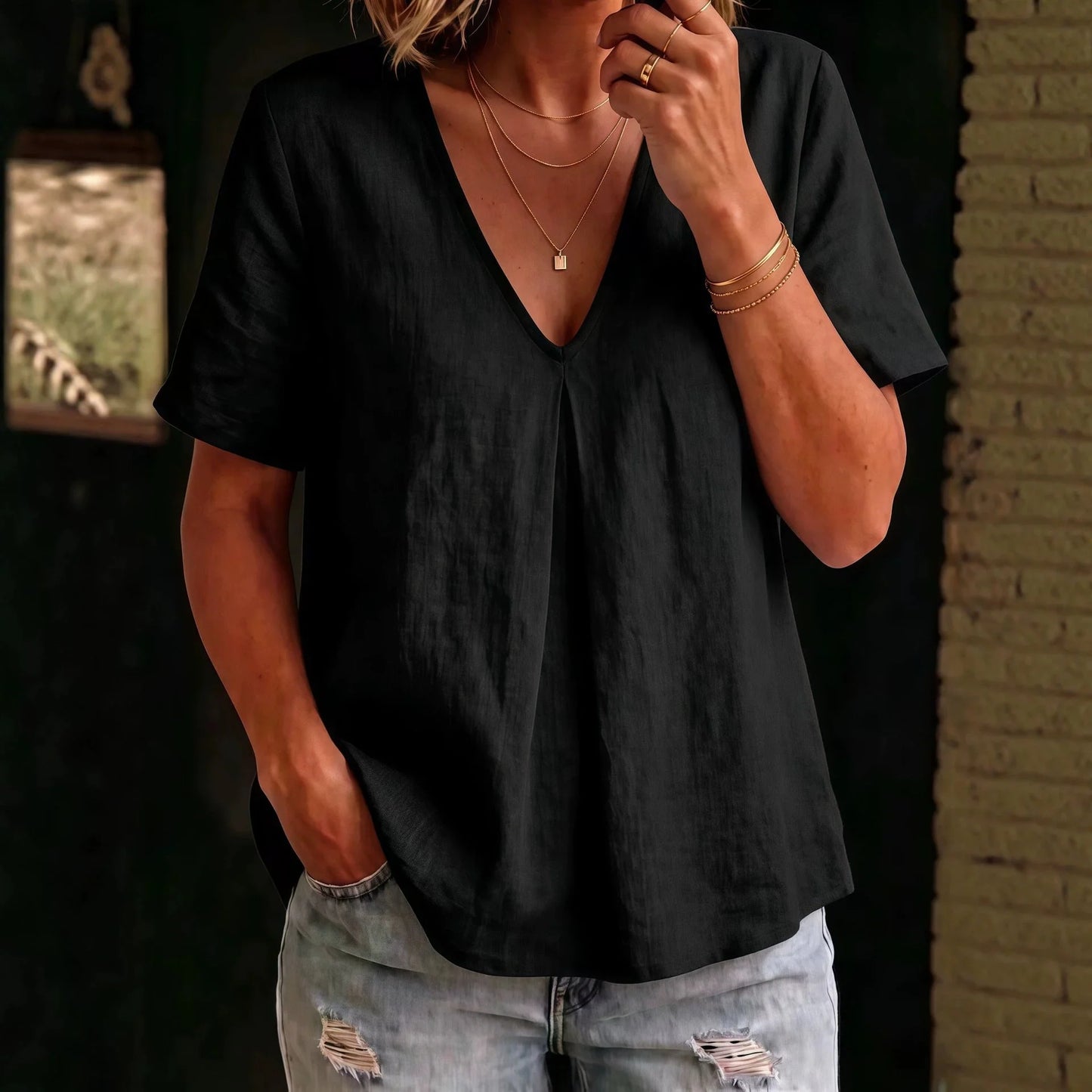 Olivia - Casual Women's Linen Top with V Neck and Pleat Detail