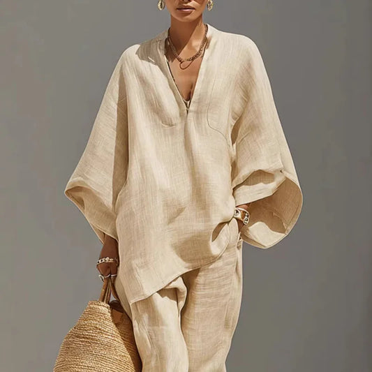 Olivia - Casual Women's Linen Two-Piece Set with V-Neck Batwing Top and Tapered Trousers