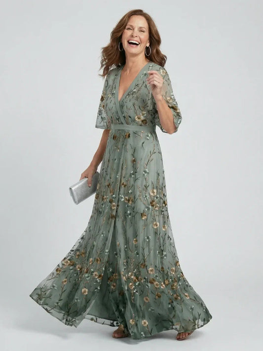 Olivia - Elegant Women's Maxi Dress with V-Neck and Floral Embroidery