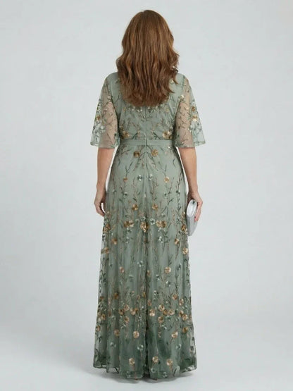 Olivia - Elegant Women's Maxi Dress with V-Neck and Floral Embroidery