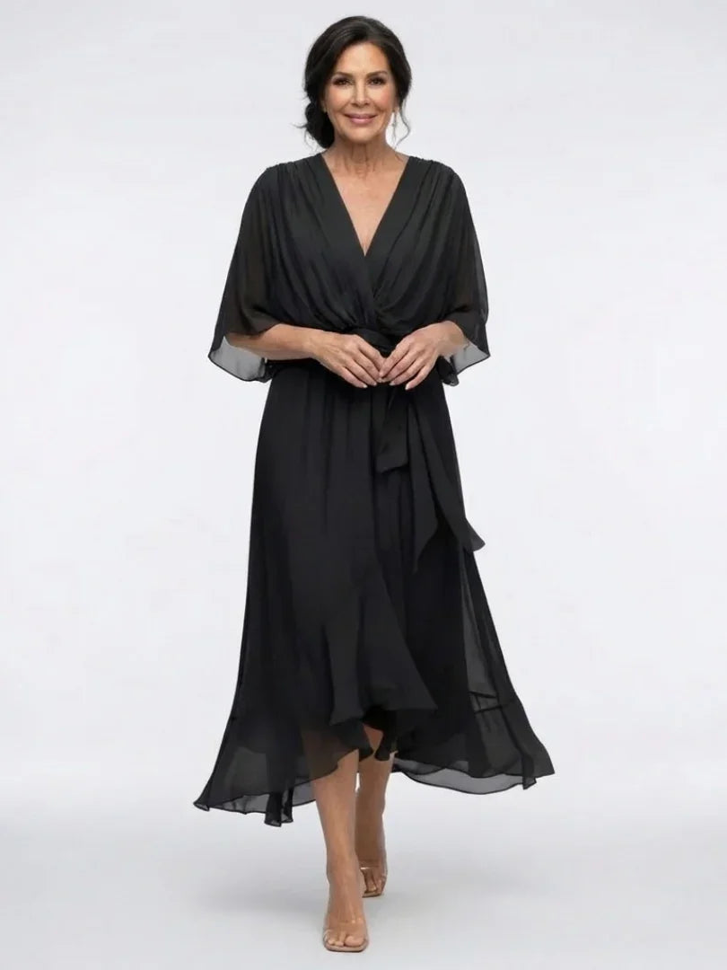 Olivia - Elegant Women's Wedding Guest Midi Dress with V-Neck and Tie Waist