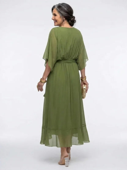 Olivia - Elegant Women's Wedding Guest Midi Dress with V-Neck and Tie Waist