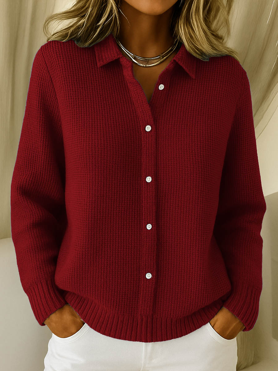 Olivia - Women's Knitted Cardigan Autumn Waffle Style Collared Shirt Cardigan