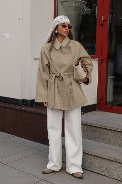 Olivia - Women's Short Trench Coat with Belted Waist and Double Breasted Buttons