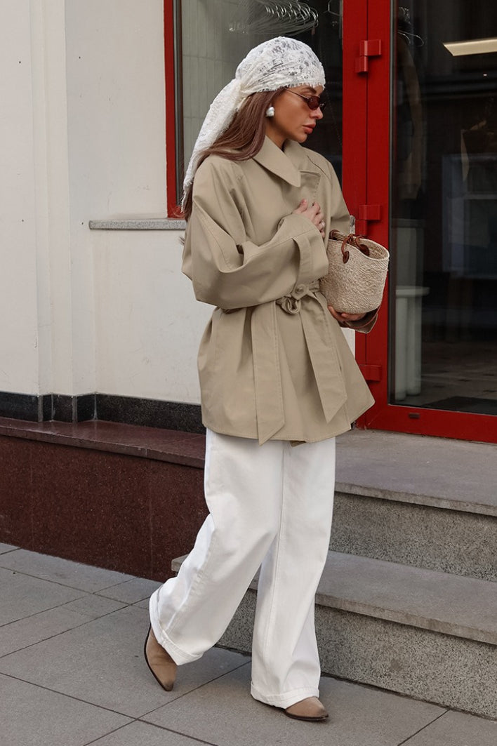 Olivia - Women's Short Trench Coat with Belted Waist and Double Breasted Buttons
