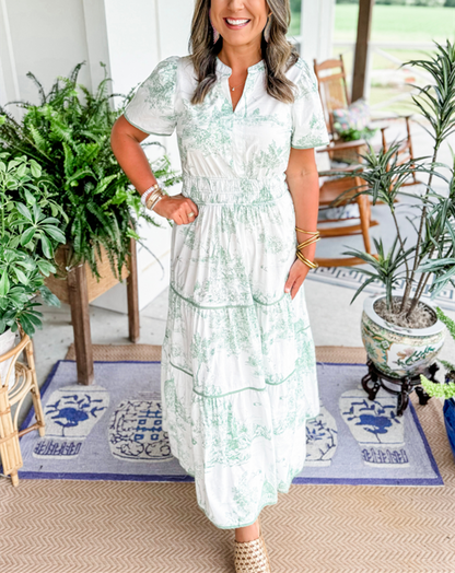 Penelope - Formal Women's Wedding Guest Dress with Belted Waist and Tiered Skirt
